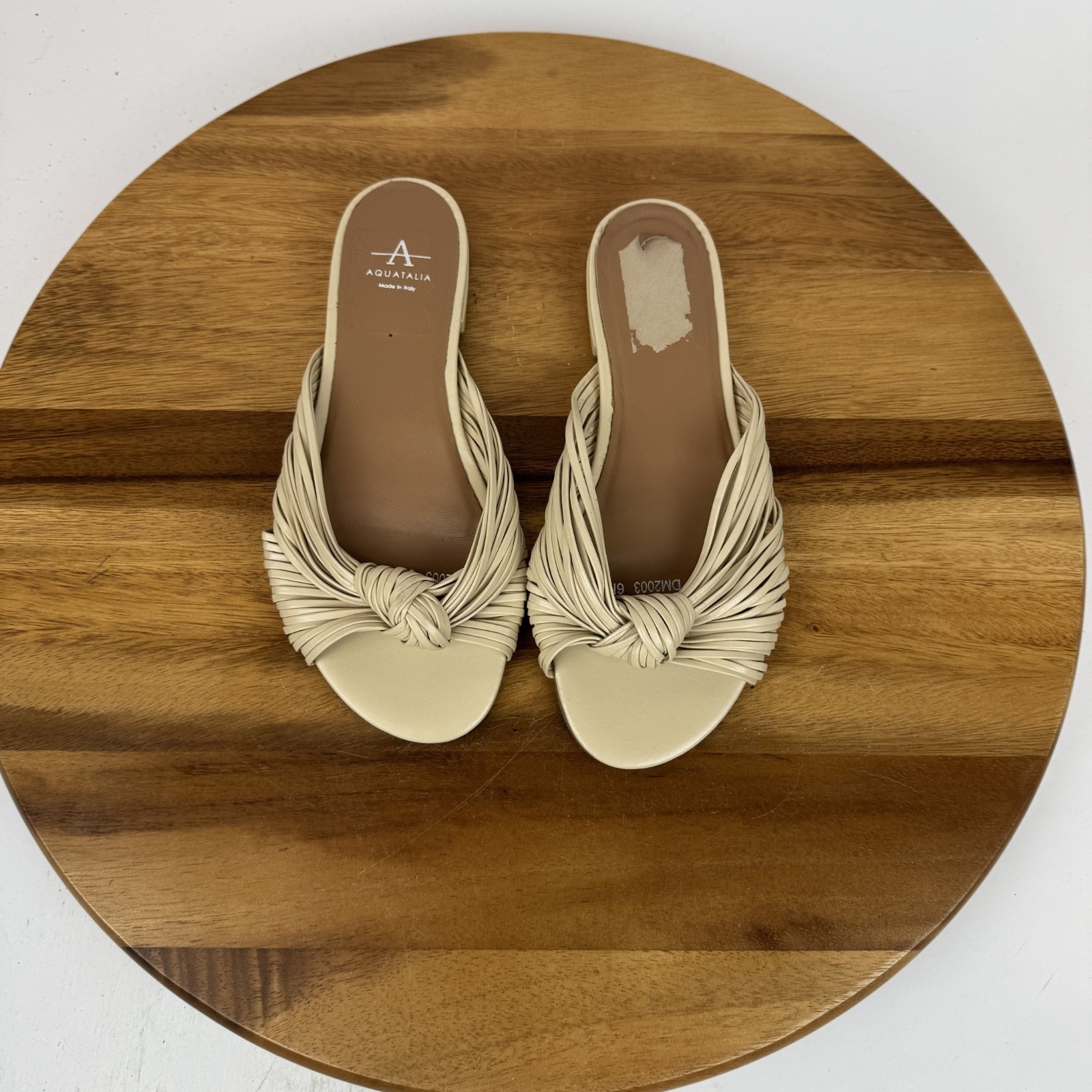 New Womens Aquatalia Tristina Beige Leather Knotted Strappy Slide Sandals Size 6